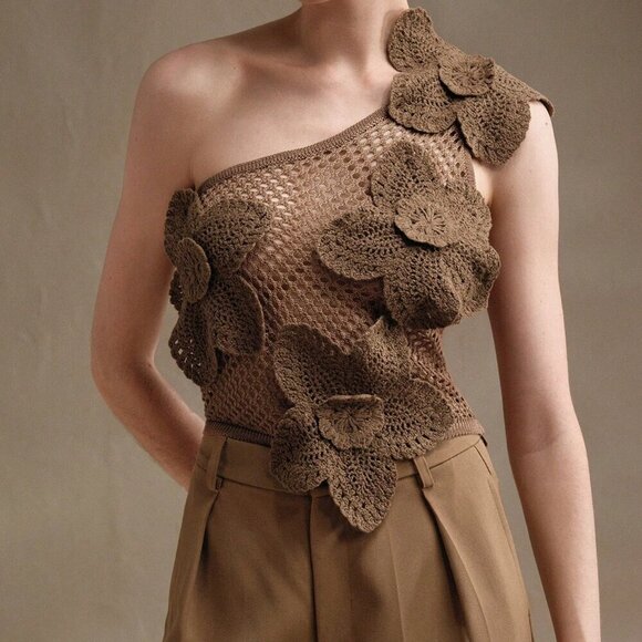 Khaki Casual Women's Casual Crochet 3d Floral Sleeveless Vest - Picture 4 of 8